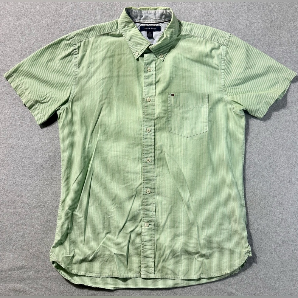 Tommy Hilfiger Shirt Mens Large Green & White Stripped  Button Up Short Sleeve